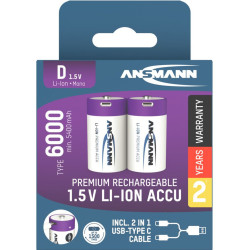 Li-Ion batteries D 1.5V Typ 6000 (min. 5400 mAh) 2pcs., Ansmann